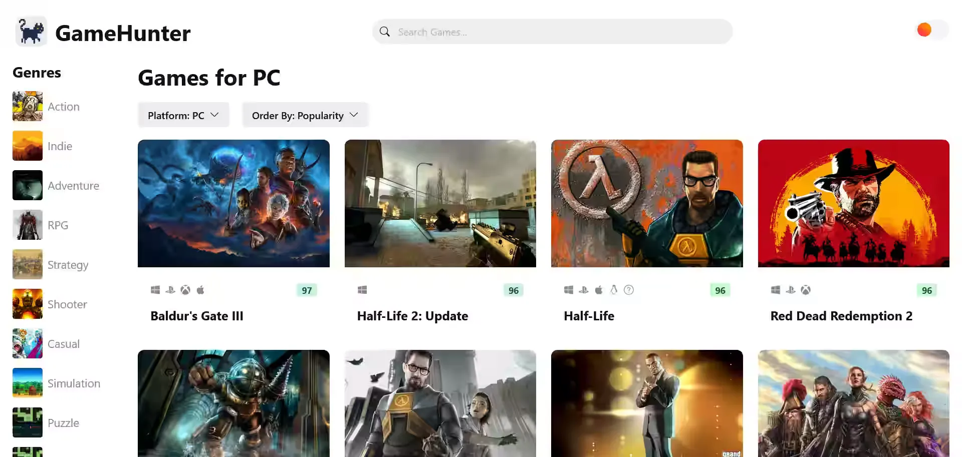 Game Hunter Filtering Options